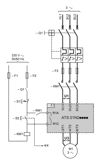 Esquema conexionado arrancador suave potencia y mando juntos